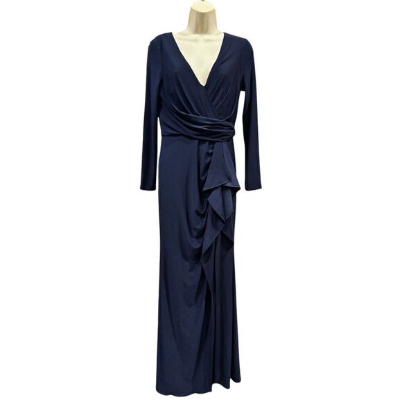 Betsy & Adam "ELLE" LONG SLEEVE SIDE RUFFLED SLIT GOWN in Navy NWOT Size 6 - Picture 5 of 7
